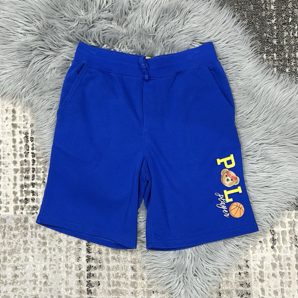 Polo Ralph Lauren Bear Player Fleece Sweat Royal Blue Shorts Boys Youth L 14/16